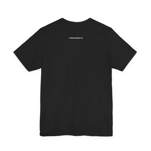 Black t-shirt with a small white logo on the back against a white background