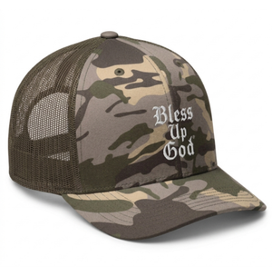 Bless Up God Old English Camouflage Trucker Hat