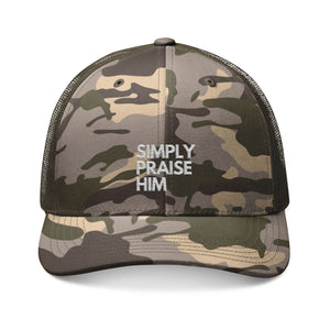 Simply Praise Him Embroidered Camouflage Trucker Hat