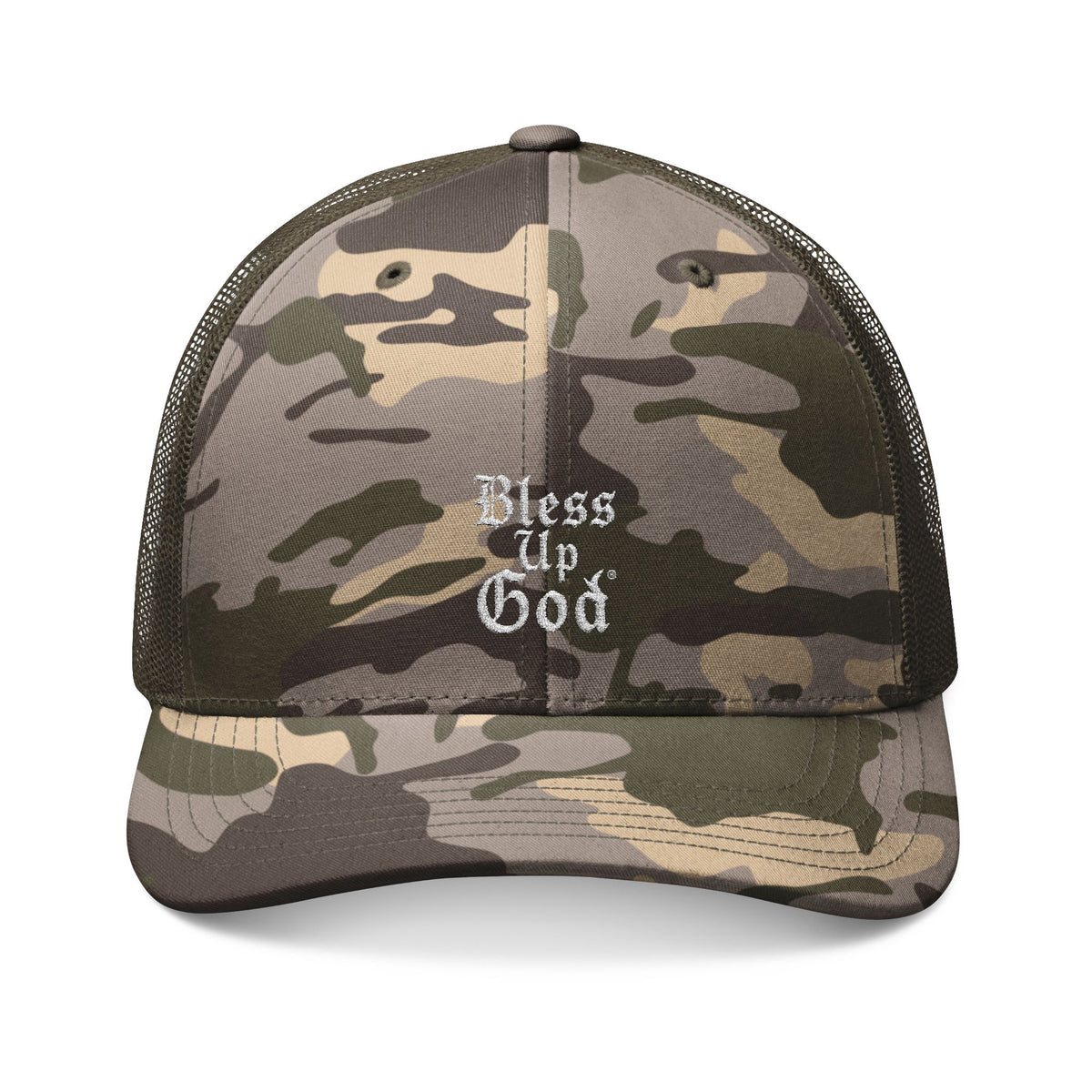Bless Up God Old English Camouflage Trucker Hat