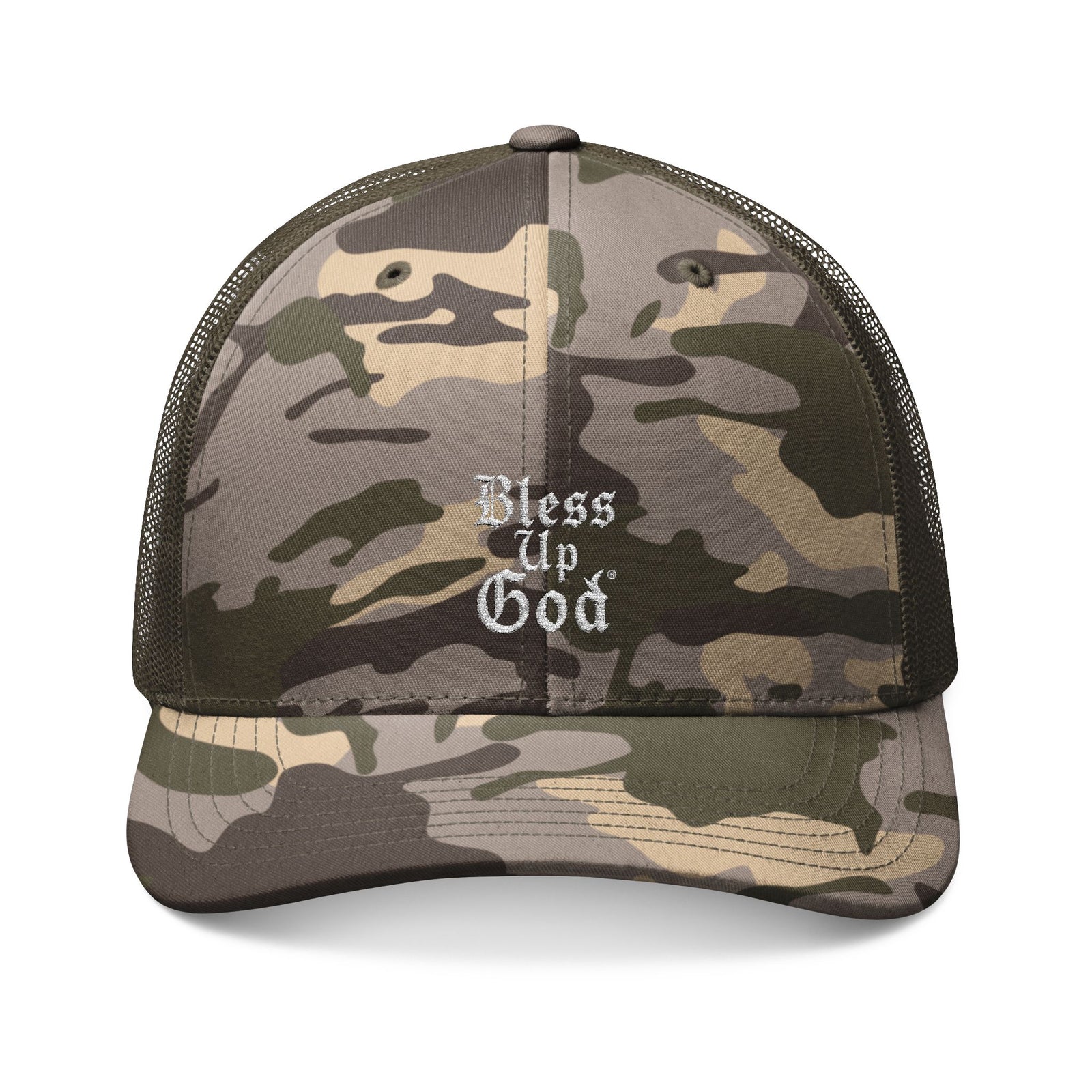 Bless Up God Old English Camouflage Trucker Hat