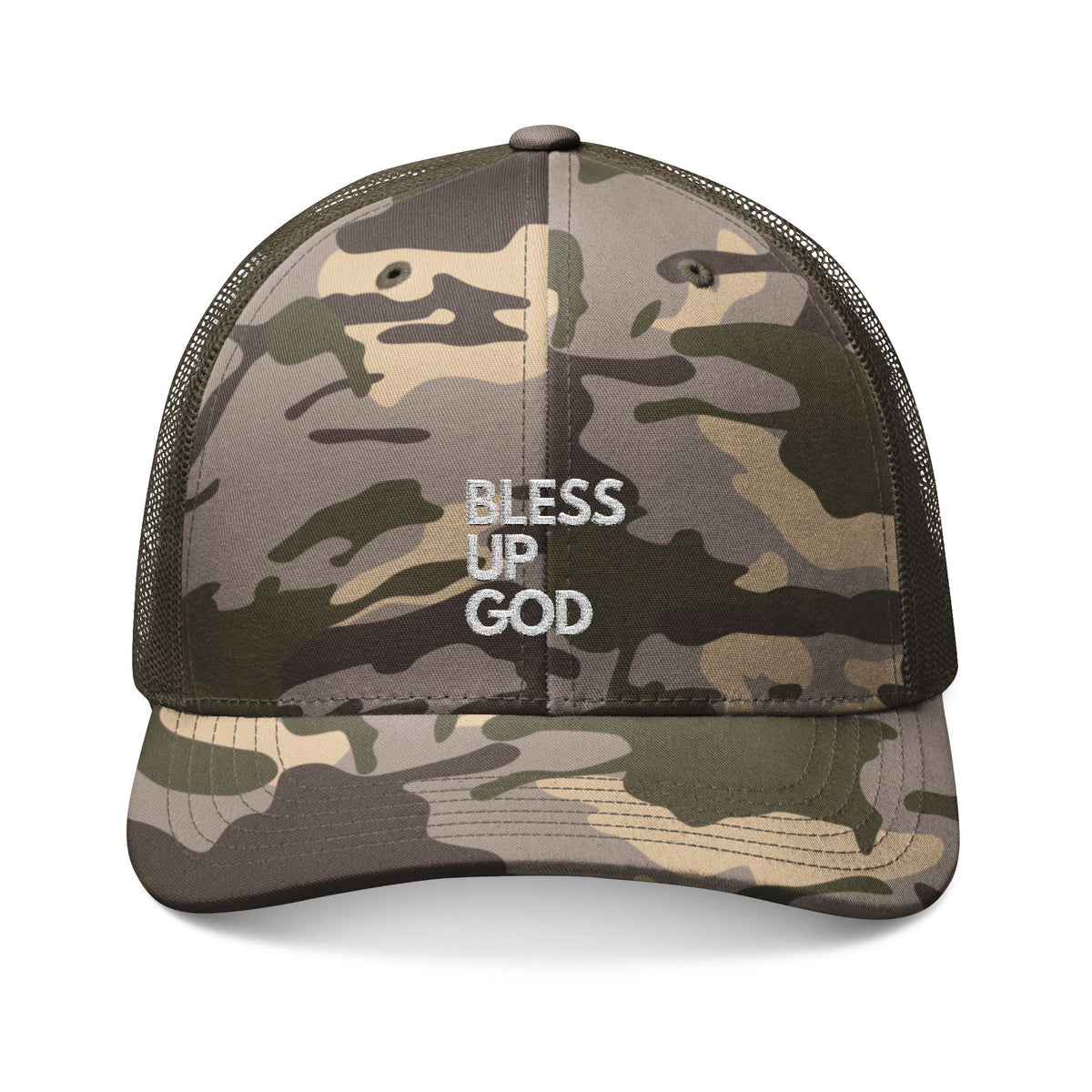 Bless Up God Embroidered Camouflage Trucker Hat