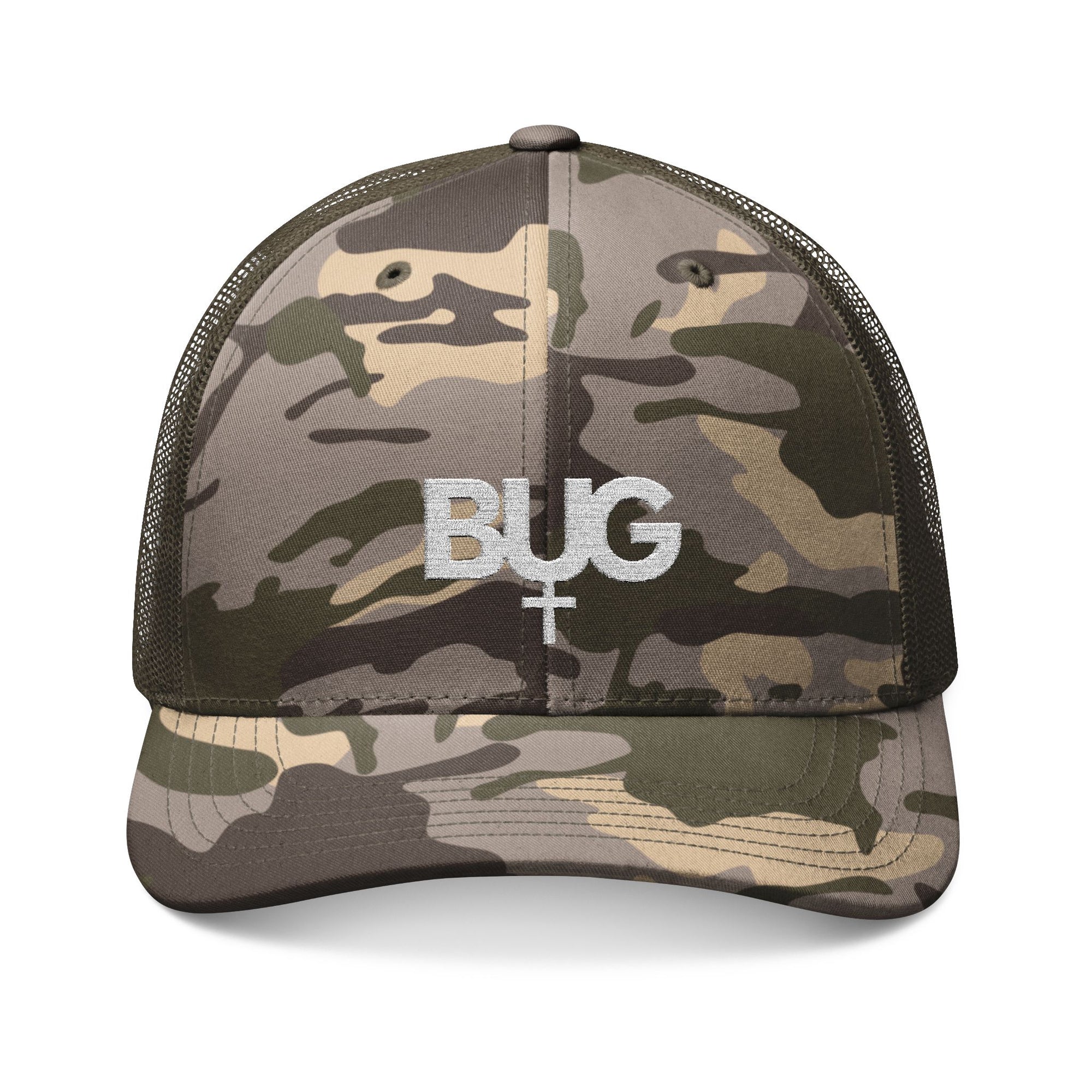 Camouflage Trucker Hat with Embroidered 'BUG' Design - Stylish Outdoor Accessory