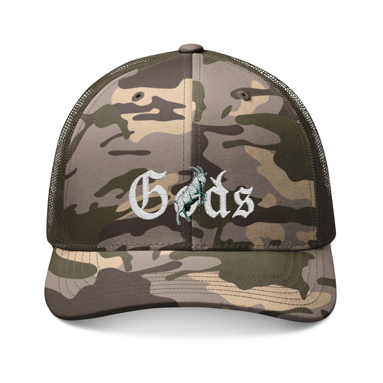 Camouflage Trucker Hat with Embroidered Gods G.O.A.T.