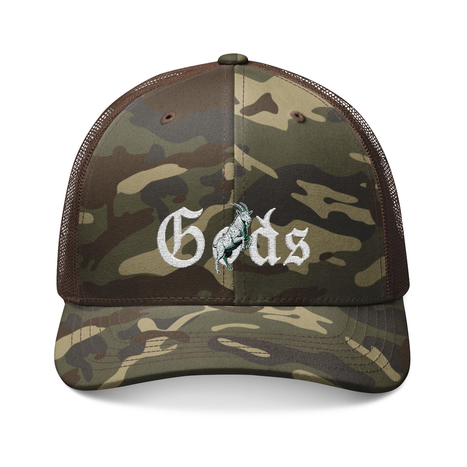 Camouflage Trucker Hat with Embroidered Gods G.O.A.T.