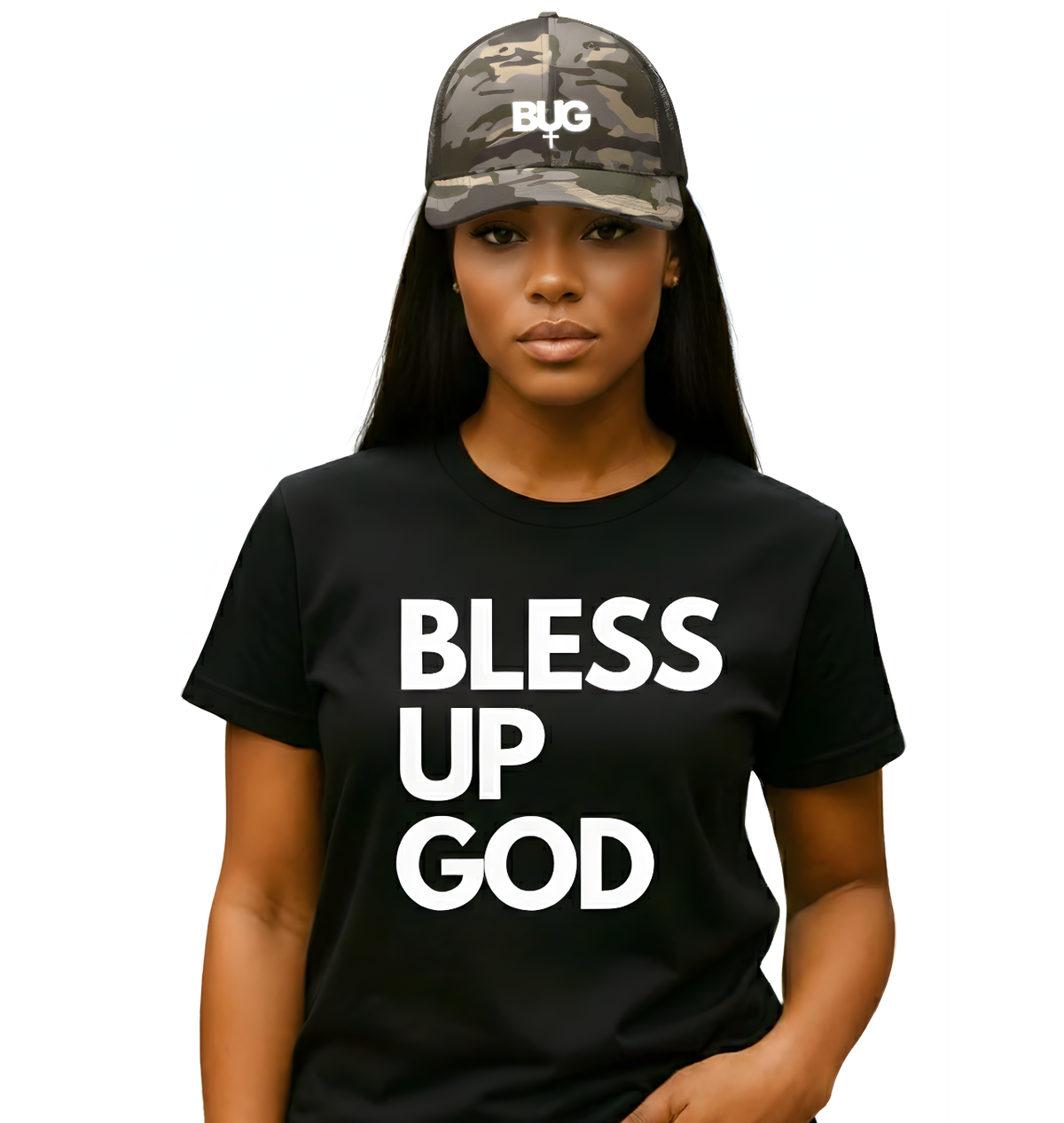 Bless Up God BUG Embroidered Camouflage Trucker Hat