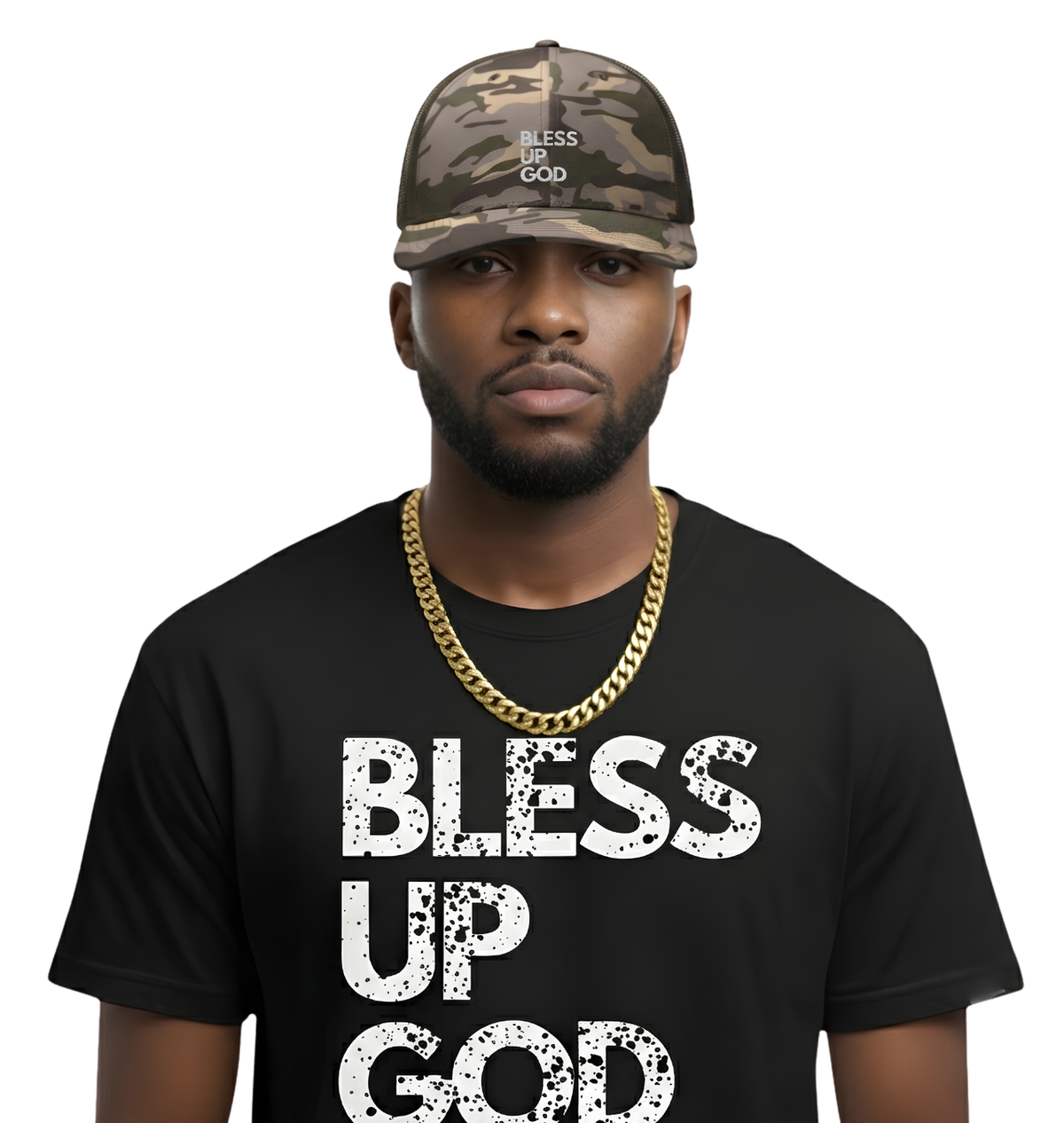 Bless Up God Embroidered Camouflage Trucker Hat