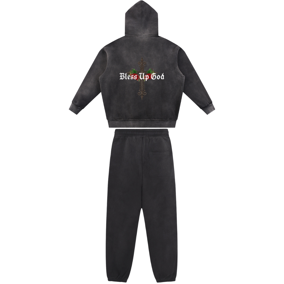 Bless Up God Faded Hoodie/Sweat Pants Set