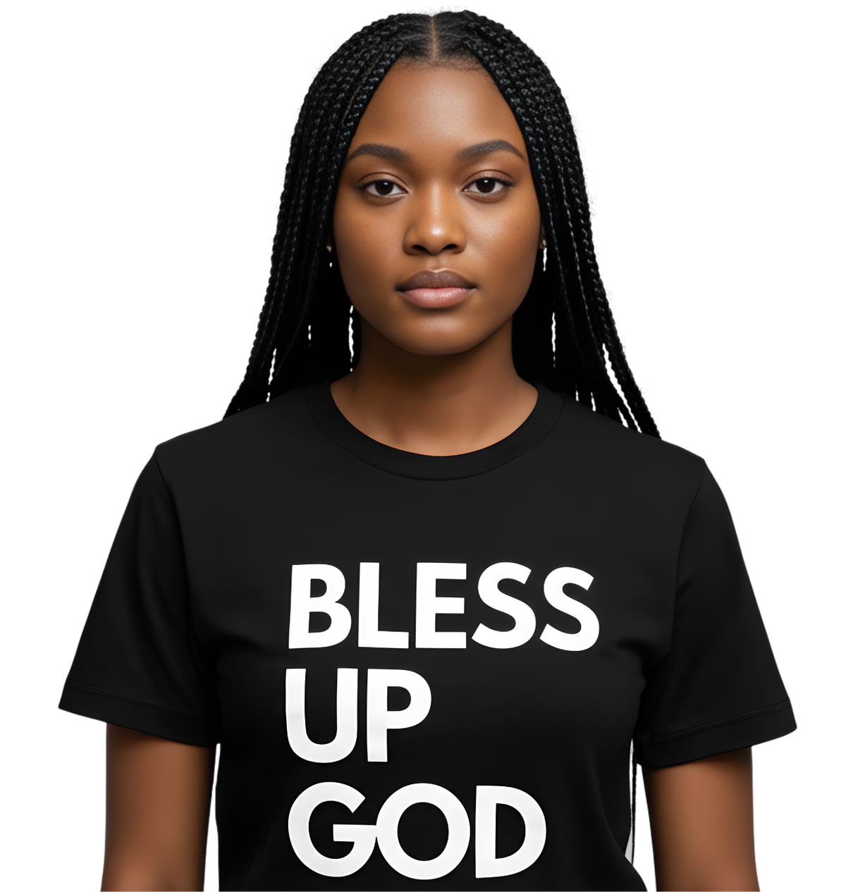 A woman wearing a black t-shirt with 'BLESS UP GOD' text on a white background