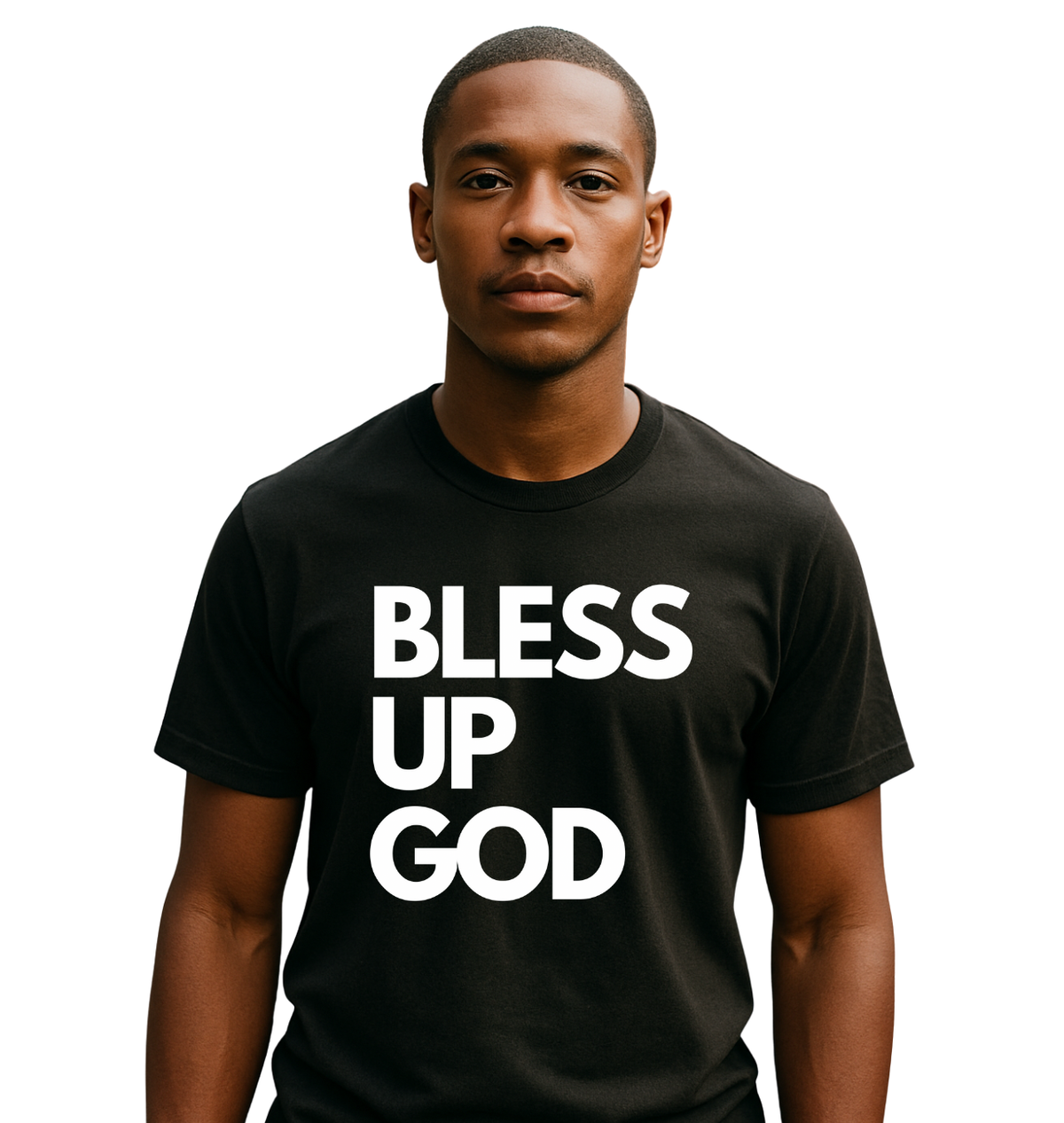 Man wearing a black t-shirt with 'BLESS UP GOD' text on a white background