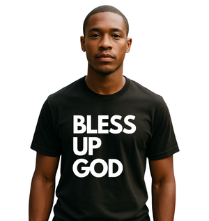 Man wearing a black t-shirt with 'BLESS UP GOD' text on a white background