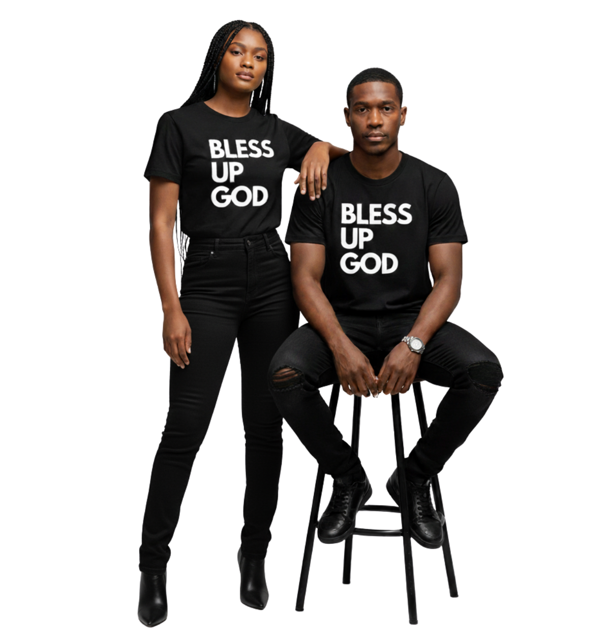 Two people wearing black t-shirts with 'Bless Up God' text on a white background