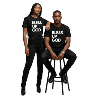 Two people wearing black t-shirts with 'Bless Up God' text on a white background