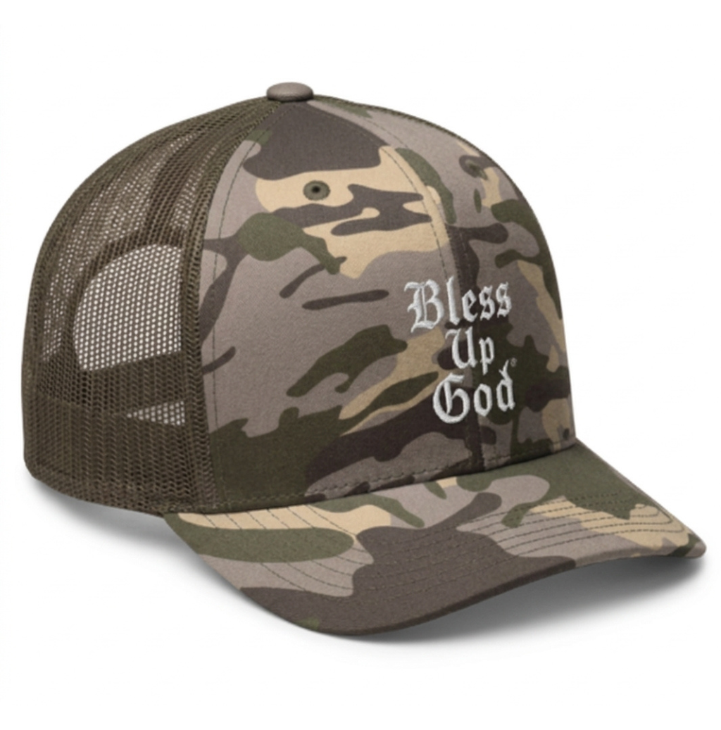 Bless Up God Old English Camouflage Trucker Hat