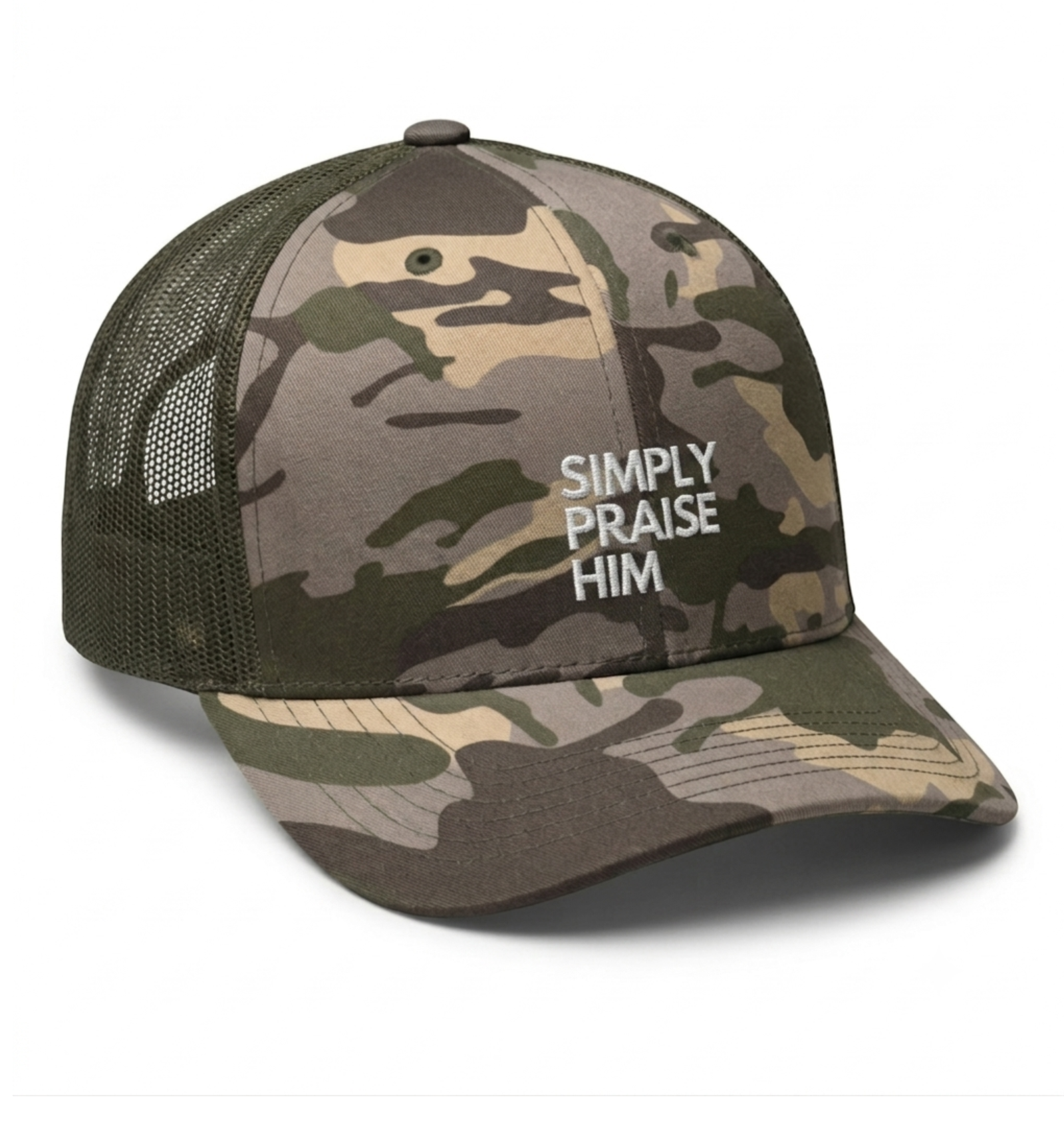 Simply Praise Him Embroidered Camouflage Trucker Hat