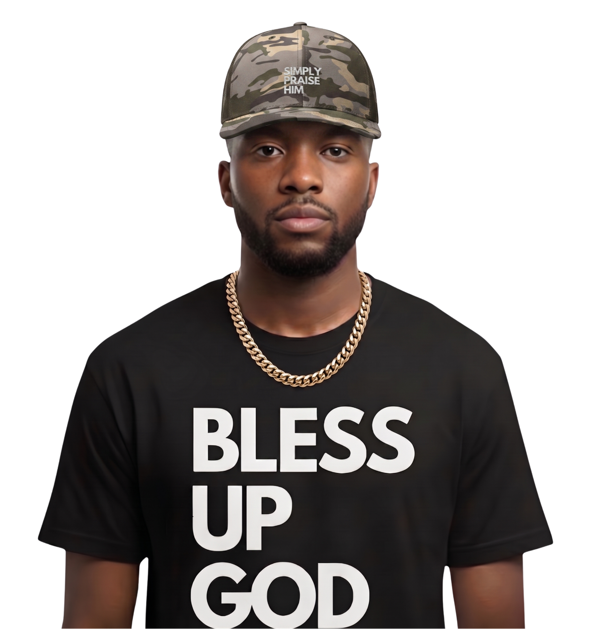 Simply Praise Him Embroidered Camouflage Trucker Hat